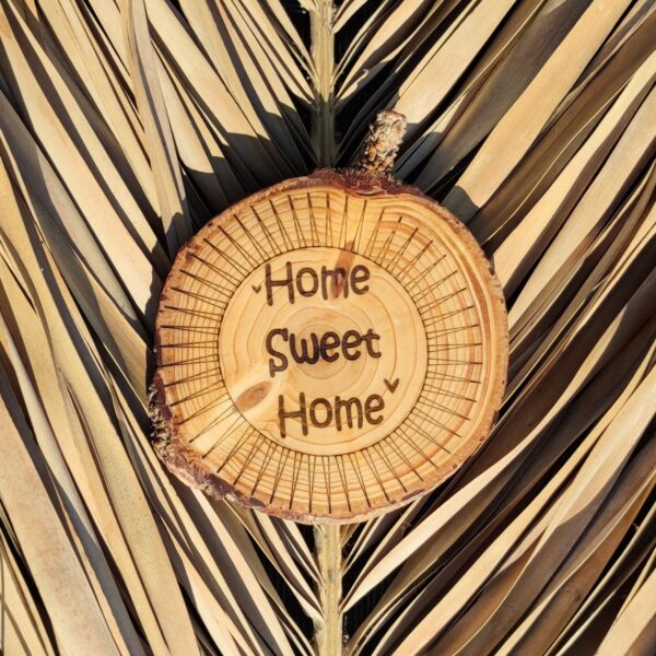 Wand oder Tischdeko Baumscheibe Fichtenholz "Home Sweet Home" Sonne